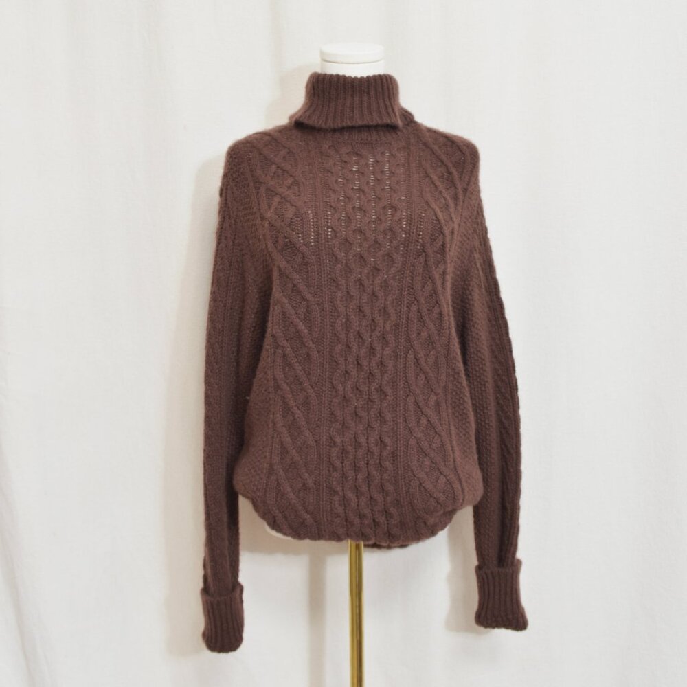 naadam super lux brown turtleneck cable knit cashmere sweater men's medium